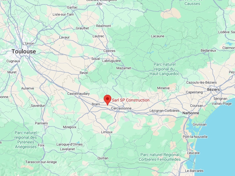 Localisation SARL SP Construction près de Carcassonne Carte routière du sud de la France localisant SARL SP Construction près de Carcassonne, entre Toulouse et Narbonne.