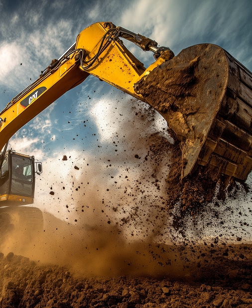 Pelle CAT en action : excavation dynamique de terre Pelle mécanique CAT jaune projetant violemment de la terre et des débris sous un ciel dramatique et nuageux.